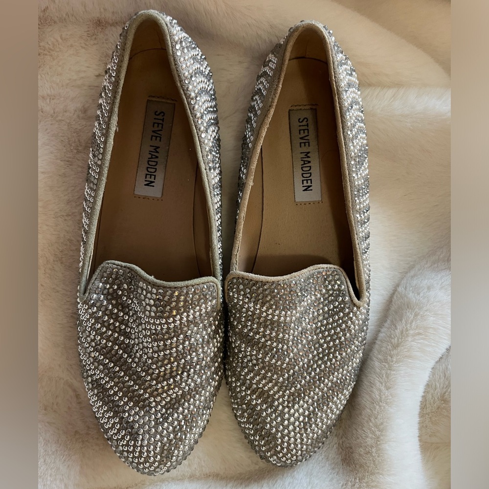 Steve Madden Rhinestones Conncord Pewter Studded Smoking Slipper Flats